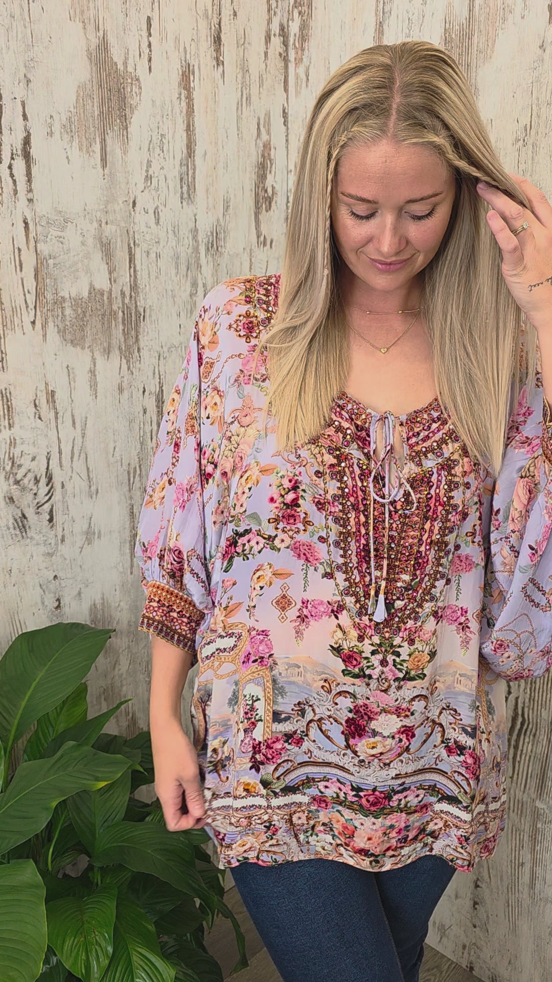 Peacock Feather Sienna Blouse Tunic with V-Neck Tie Bodice Embellished - Lavender Muse