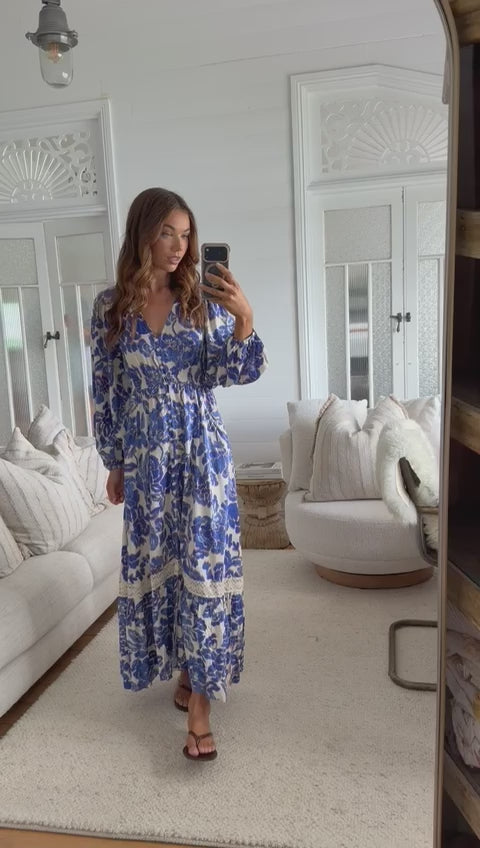 Jaase Carmen Maxi Dress with Long Sleeve V-Neck Pockets Buttoned - Indigo Bloom