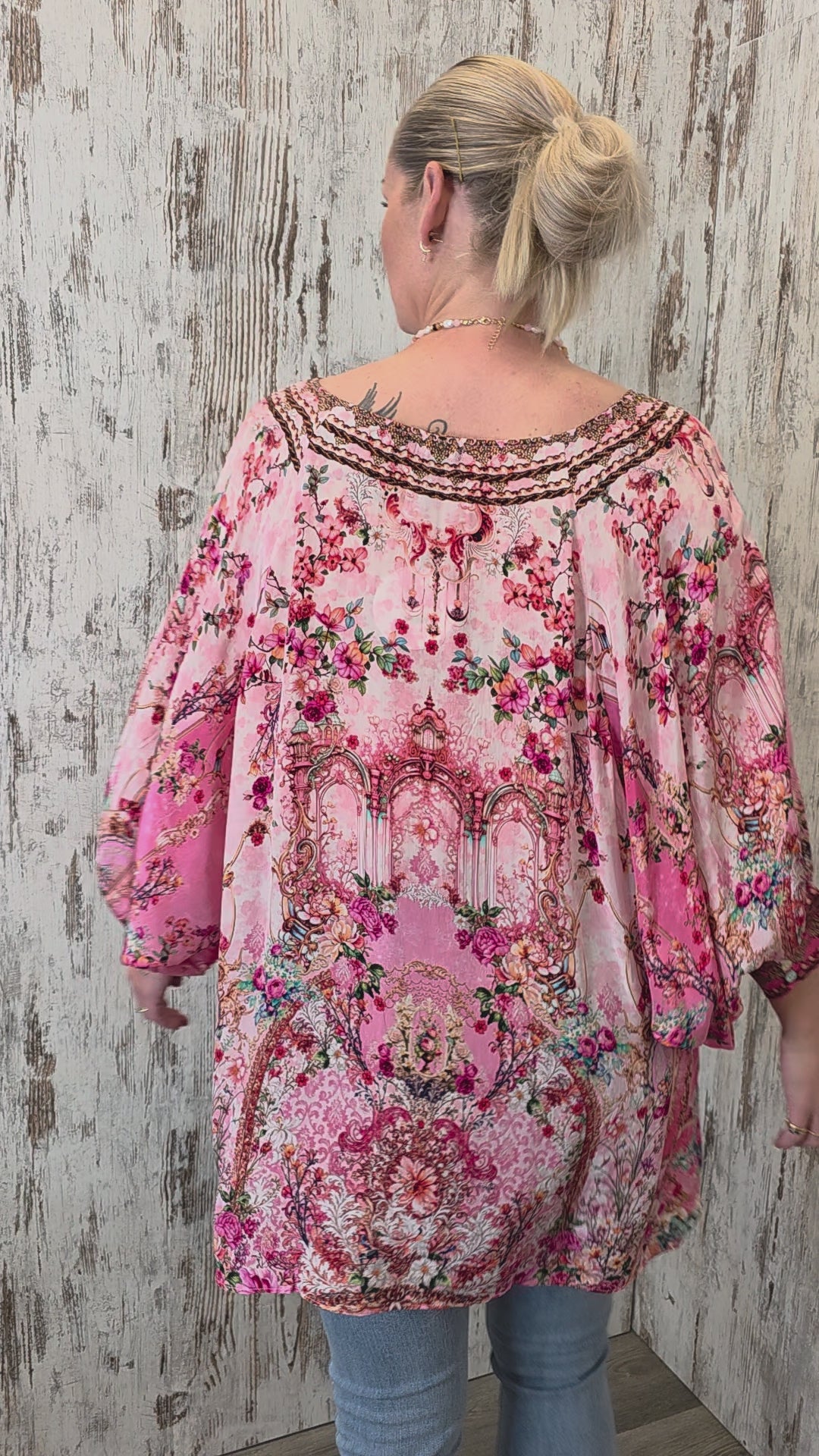 Peacock Feather Sienna Blouse Tunic with V-Neck Tie Bodice Embellished - Rose Palais