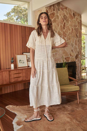 Little Lies Savannah Cotton Midi Dress with Pockets V Neck Tie Sleeves - Vintage Cream - Style House Fashion