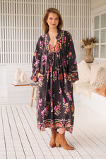 Jaase Boheme Midi Dress with Mandarin Collar V Neck Pockets - Monarch Bloom - Style House Fashion Jaase