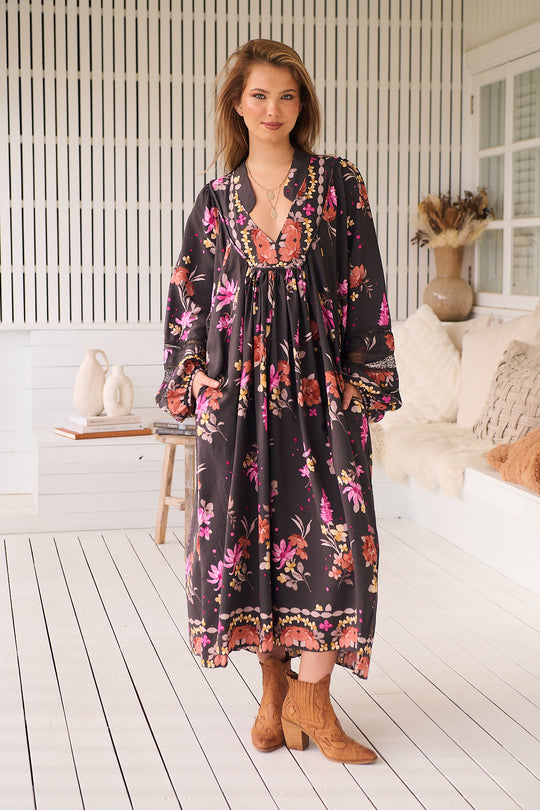 Jaase Boheme Midi Dress with Special Edition Long Billowy Sleeve Lace Detail V Neck Pockets - Monarch Bloom