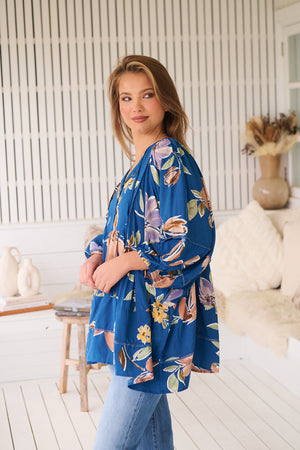 Jaase Adela Blouse Tunic with Buttoned Bodice V Neck - Georgia Blue - Style House Fashion Jaase