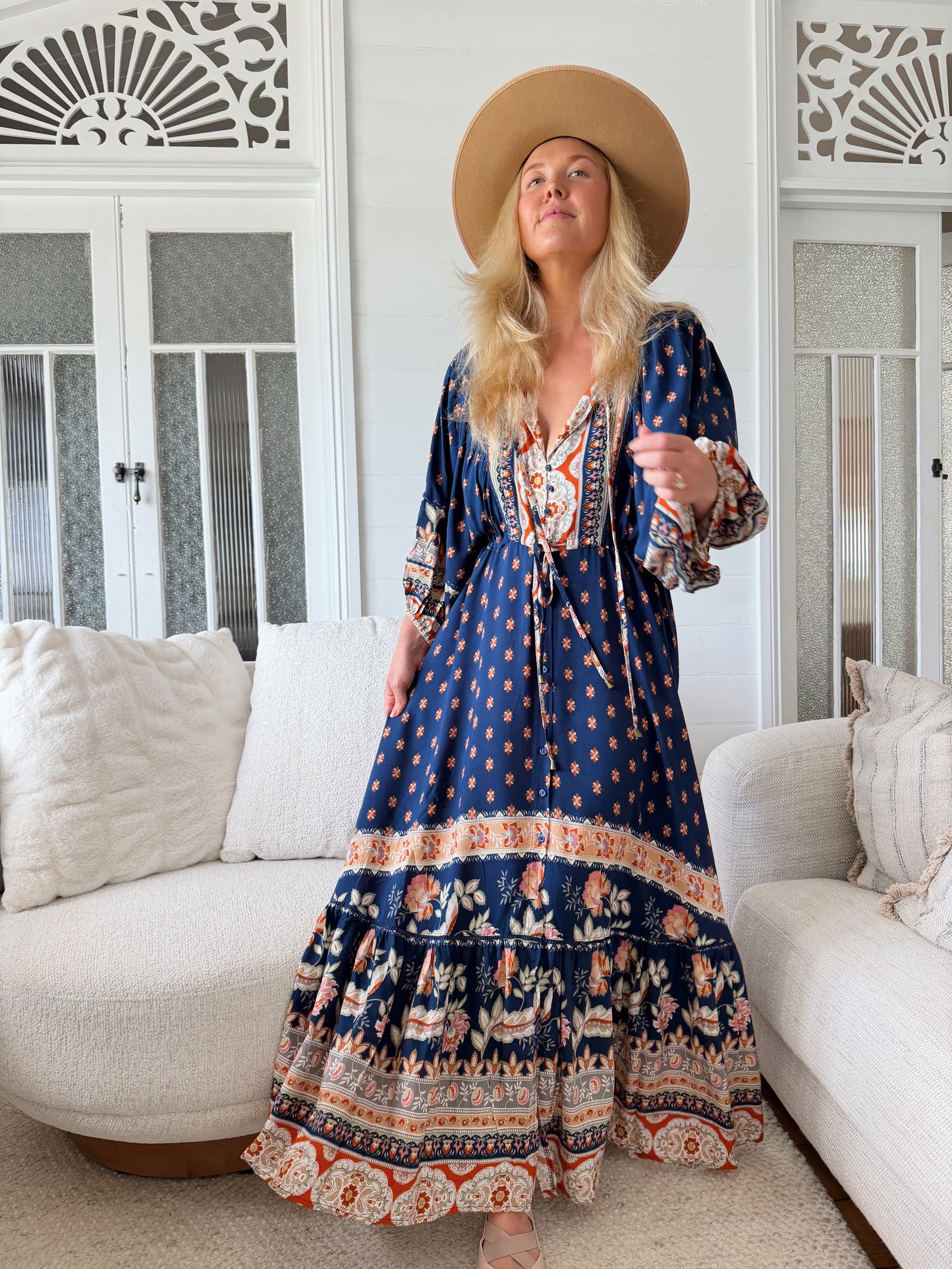 Jaase Catalonia Maxi Dress with Drawstring waist Batwing Sleeve Button Front - Asha - Style House Fashion