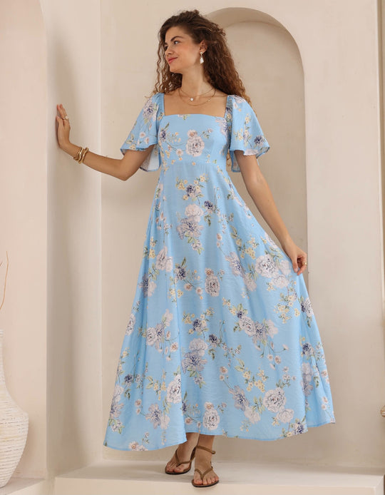 Iris Maxi Charlotte Maxi Dress with Shirred Bodice Flutter Sleeve - Sapphire Bloom