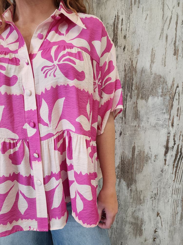 Iris Maxi Sarah Cotton Blouse Top with V-Neck Collar Buttoned Wide Sleeve - Pink Paradise