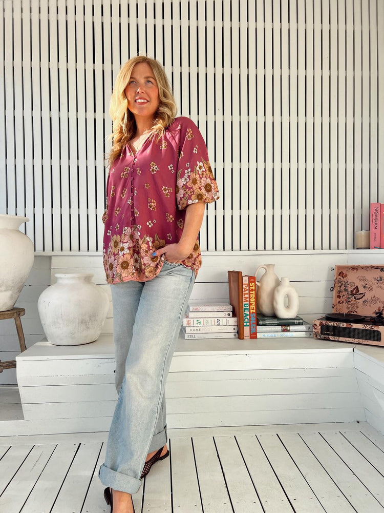 Jaase Arden Blouse with V-Neck Buttoned Half Sleeve Elastic Cuff - Bee Orchid - Style House Fashion Jaase