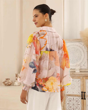 Iris Maxi Maya Blouse Top with Collar Long Sleeve Buttons - Citris Hibiscus
