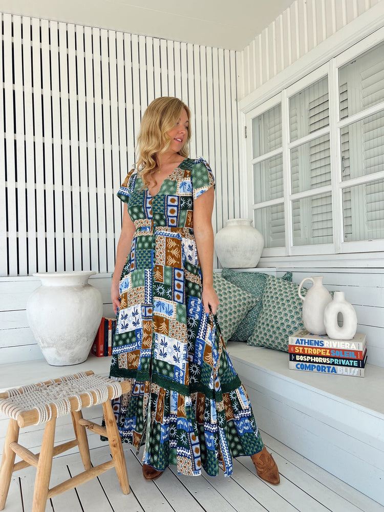 Jaase Carmen Maxi Dress with Cap Shell Sleeve V Neck Pockets Buttoned - Emerald Cove - Style House Fashion Jaase Jaase Jaase