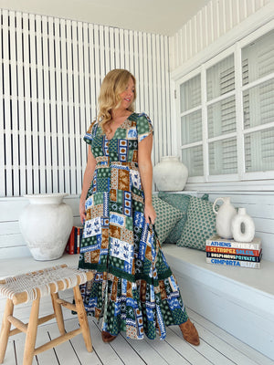 Jaase Carmen Maxi Dress with Cap Shell Sleeve V Neck Pockets Buttoned - Emerald Cove - Style House Fashion Jaase Jaase Jaase