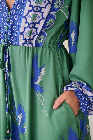 Jaase Willa Midi Dress with Pockets V-Neck Buttons Bodice Drawstring Waist - Bluebird - Style House Fashion Jaase Jaase