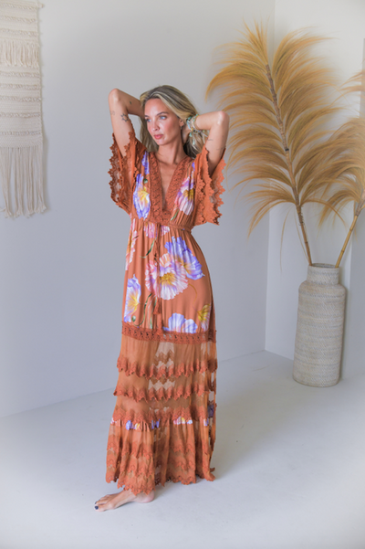 Jaase Bungalow Cotton Lace Maxi Dress with V-Neck Lace Drawstring Batwing Sleeve -Amara Bloom - Style House Fashion Jaase