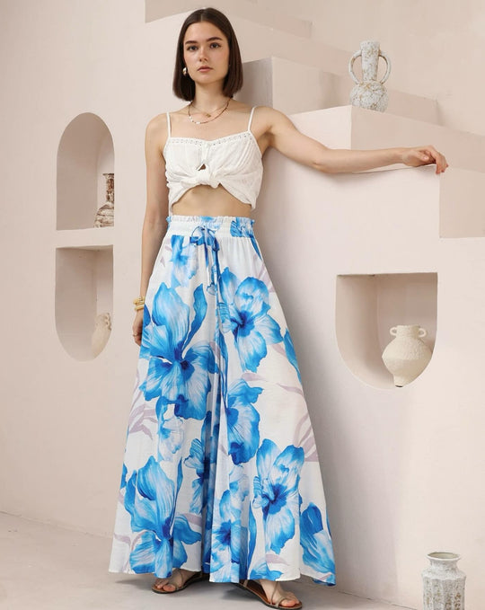 Iris Maxi Palazzo Pants with Drawstring Waist Wide Leg - Blue Hibiscus