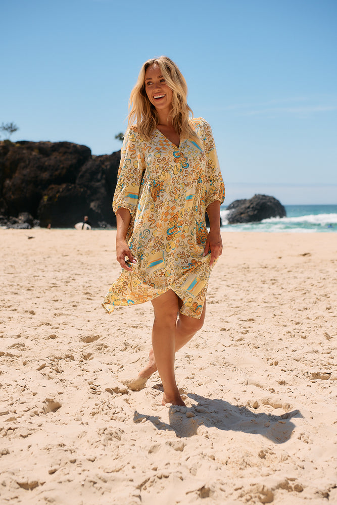 Jaase Ivy Midi Dress with Half Sleeve V Neck Buttons - Sonnie - Style House Fashion Jaase