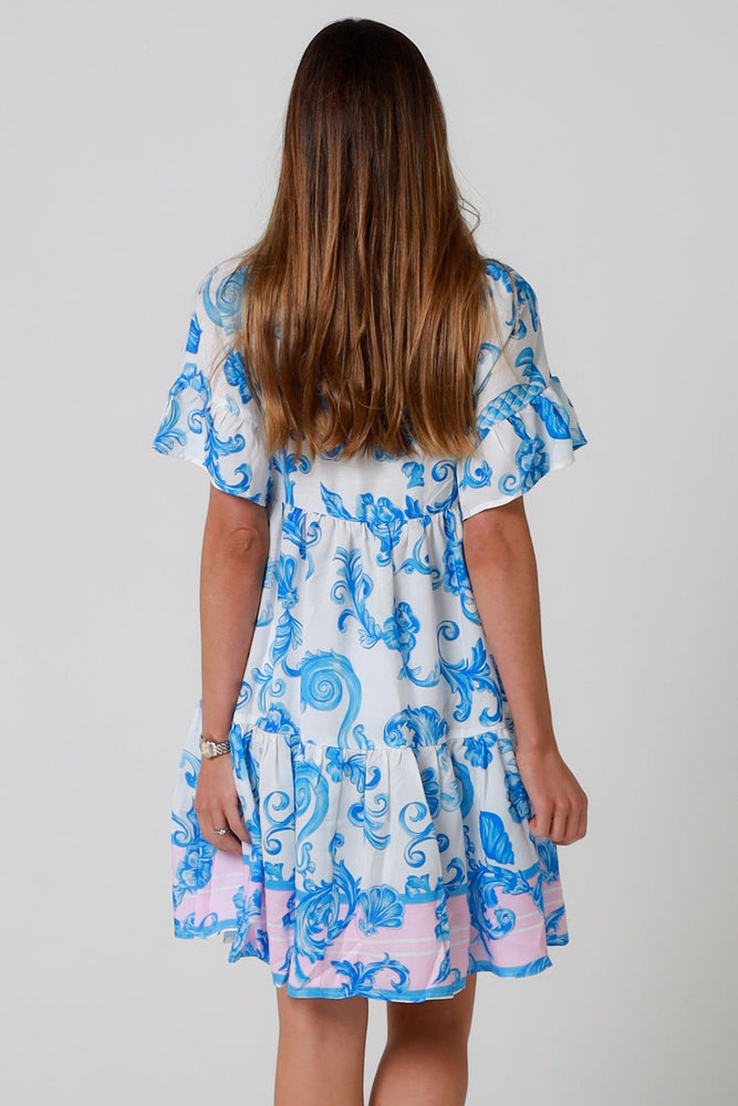 Isabella Amiri Mini Dress with V-Neck Buttons Pockets - Blue Flourish