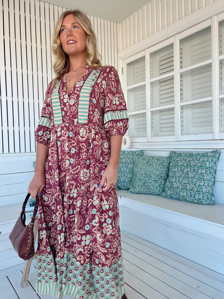 Jaase Mila Midi Dress with V Neck Buttoned Bodice Half Sleeve - Athena - Style House Fashion Jaase