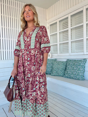 Jaase Mila Midi Dress with V Neck Buttoned Bodice Half Sleeve - Athena - Style House Fashion Jaase