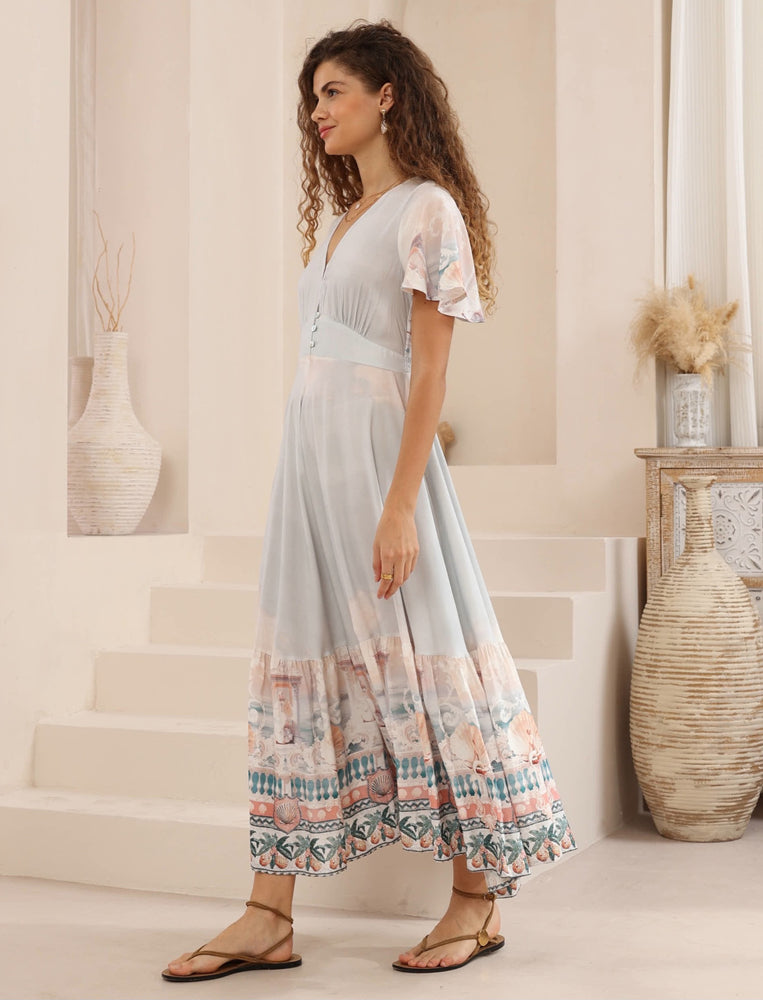 Iris Maxi Stacey Maxi Dress with V Neck Flutter Sleeve Empire Waist - Josephine