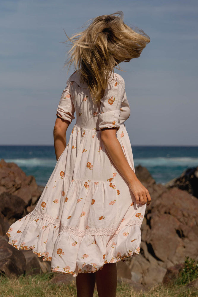 Jaase Eve Midi Dress with Lace V-Neck Buttons Half Sleeve - Vintage Sol - Style House Fashion Jaase Jaase