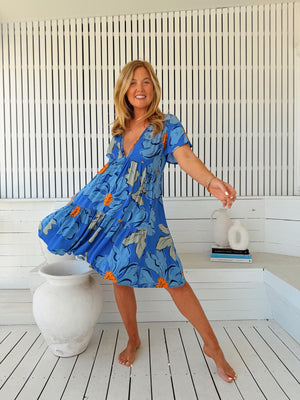 Jaase Rhys Mini Dress with V Neck Hook & Eyes Flutter Sleeves - Blue Bell