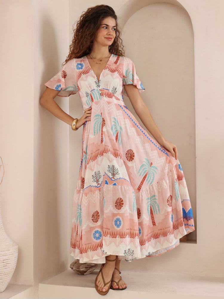 Iris Maxi Stacey Maxi Dress with V Neck Flutter Sleeve Empire Waist - Leia