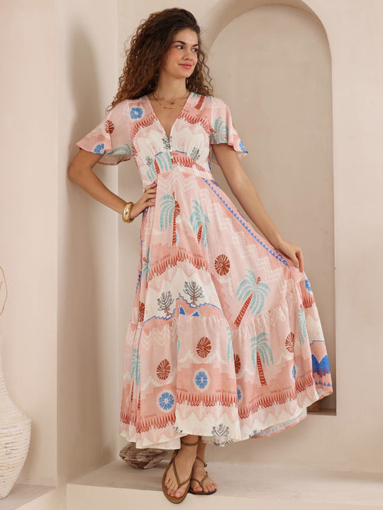 Iris Maxi Stacey Maxi Dress with V Neck Flutter Sleeve Empire Waist - Leia