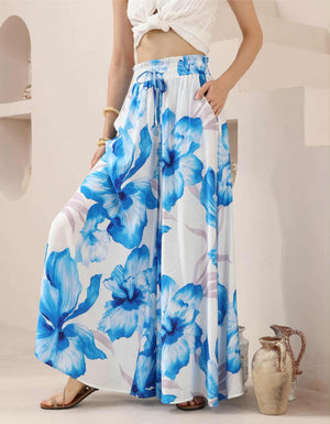 Iris Maxi Palazzo Pants with Drawstring Waist Wide Leg - Blue Hibiscus - Style House Fashion Iris Maxi