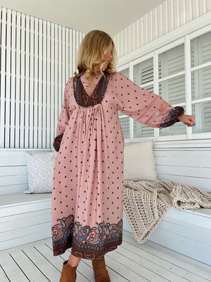 Jaase Boheme Midi Dress with Long Sleeve Lace Detail V Neck Pockets - Seraphina - Style House Fashion Jaase Jaase Jaase