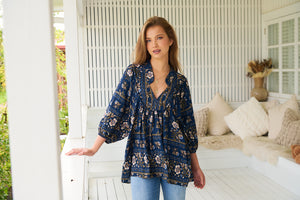 Jaase Boheme Blouse Top with Mandarin Collar V Neck Pockets - Adeline - Style House Fashion Jaase