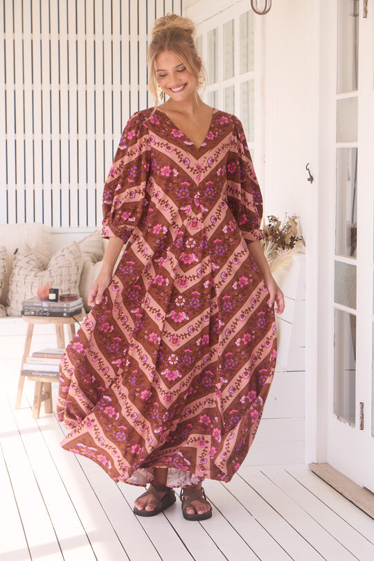 Jaase London Maxi Dress with V Neck Relaxed Shift - Savanna