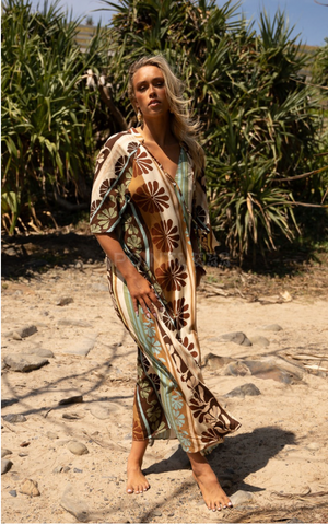 Jaase Bree Maxi Dress with V Neck Button Bodice Hankerchief Sleeve - Cacao Mist - Style House Fashion Jaase