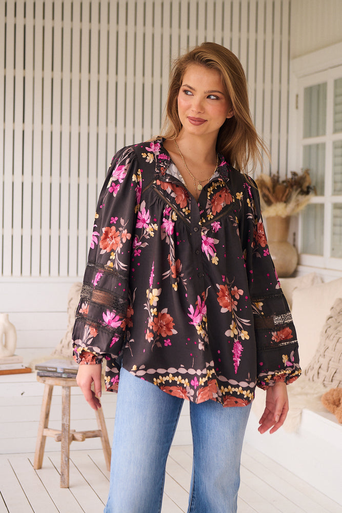 Jaase Eliza Blouse with V-Neck Lace Buttons Balloon Sleeve - Monarch Bloom - Style House Fashion