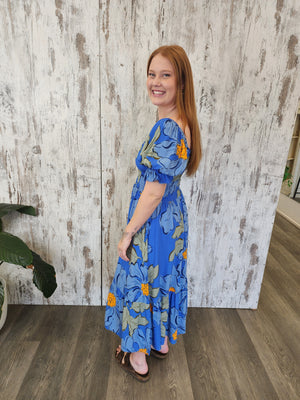 Jaase Rini Midi Dress V Neck Off Shoulder Elastic Waist - Blue Bell - Style House Fashion Jaase