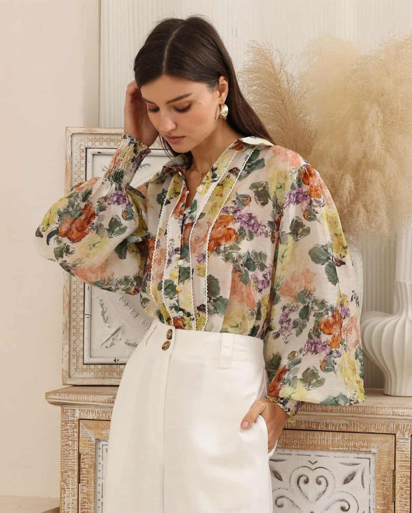 Iris Maxi Maya Blouse Top with Collar Long Sleeve Buttons - Autumn Bliss