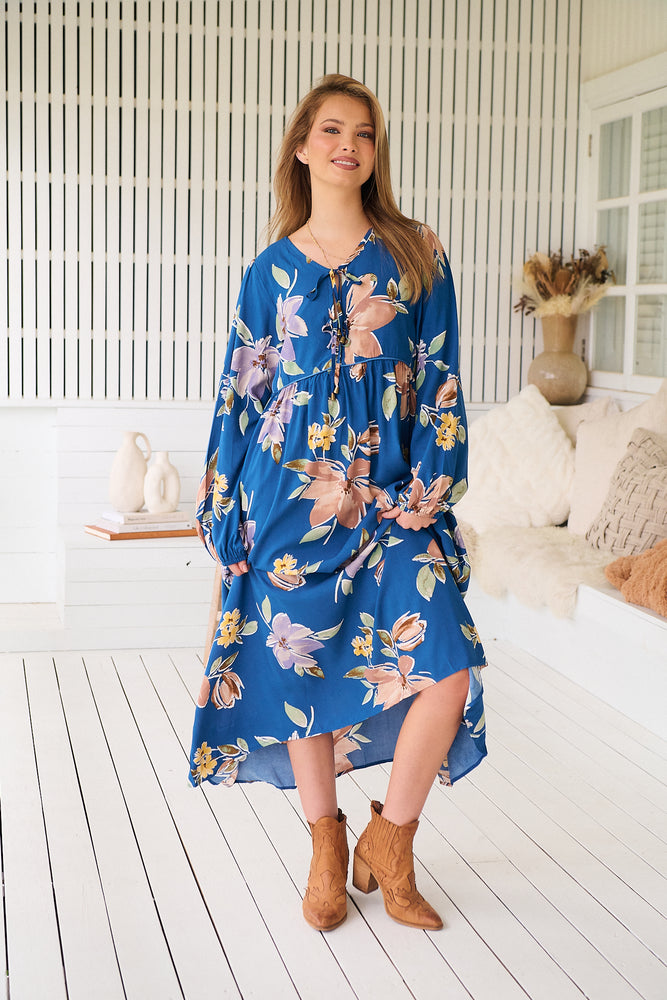Jaase Penny Midi Dress with V-Neck Ties Elastic Cuff Sleeve - Georgia Blue - Style House Fashion Jaase