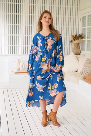 Jaase Penny Midi Dress with V-Neck Ties Elastic Cuff Sleeve - Georgia Blue - Style House Fashion Jaase