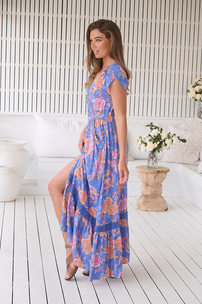 Jaase Carmen Maxi Dress with Cap Shell Sleeve V Neck Pockets - Glastonbury - Style House Fashion Jaase