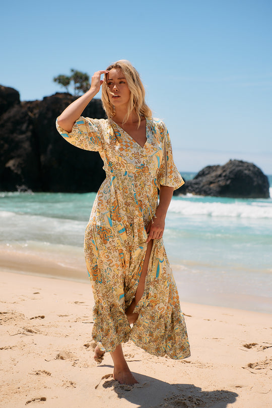 Jaase Ebony Maxi Dress with Half Sleeve V Neck Crochet Pockets - Sonnie