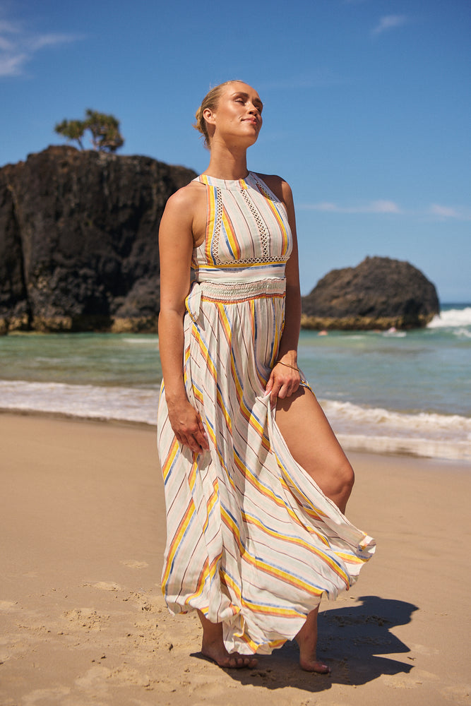 Jaase Endless Summer Maxi Dress with Halter Neck Tie Back Full Skirt - Coloured Sands - Style House Fashion Jaase