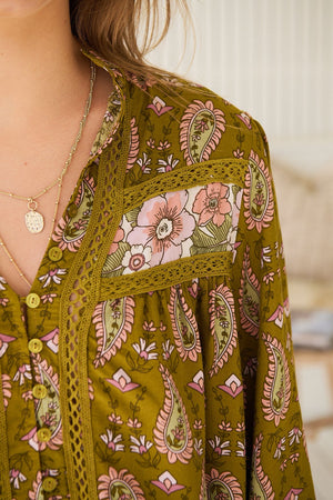 Jaase Bee Blouse Top with Mandarin Collar V Neck Buttons Lace Detail - Amalie - Style House Fashion Jaase Jaase Jaase Jaase