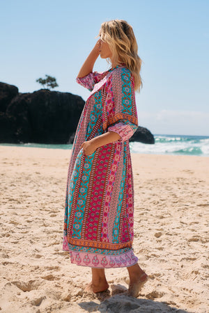 Jaase Boheme Midi Dress with Mandarin Collar V Neck Pockets - Cedella - Style House Fashion Jaase