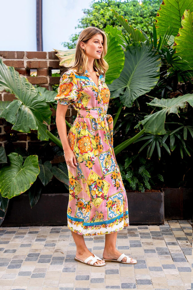 Boho Australia Aamina Midi Dress with V-Neck Buttons Pockets - Lemon Floral