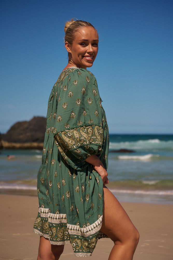 Jaase Adela Dress with Buttoned Bodice V-Neck Pockets - Viridian