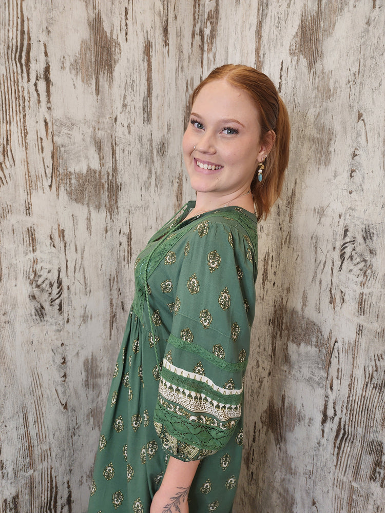 Jaase Meadow Maxi Dress with V Neck Button Bodice - Viridian