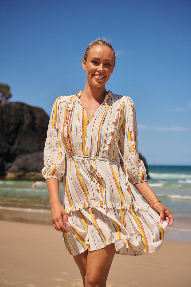 Jaase Remy Mini Dress with Pockets Drawstring Waist Half Sleeve Button Bodice - Coloured Sands - Style House Fashion Jaase Jaase