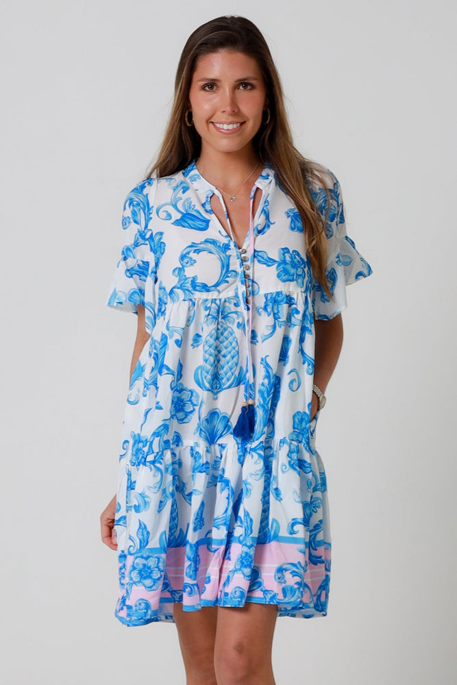 Isabella Amiri Mini Dress with V-Neck Buttons Pockets - Blue Flourish