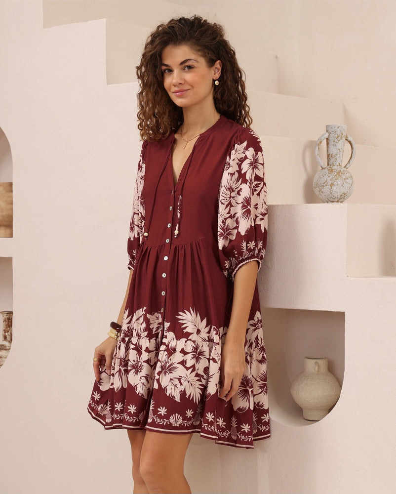 Iris Maxi Emma Mini Dress with V-Neck Buttons Pockets - Camellia