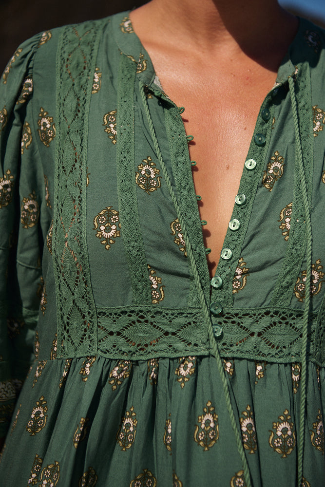 Jaase Meadow Maxi Dress with V Neck Button Bodice - Viridian