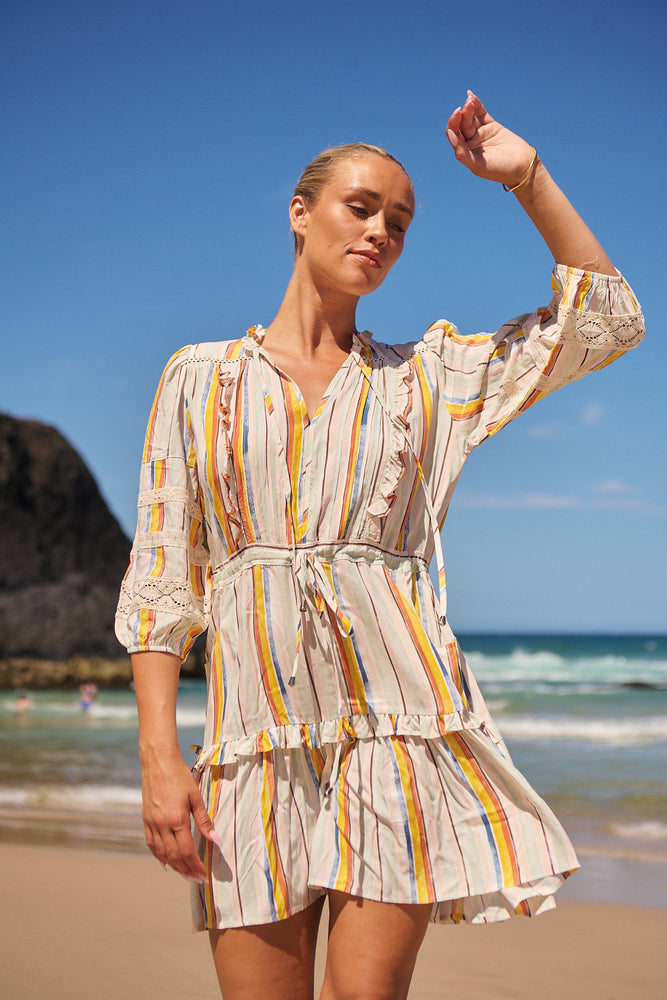 Jaase Remy Mini Dress with Pockets Drawstring Waist Half Sleeve Button Bodice - Coloured Sands - Style House Fashion Jaase Jaase