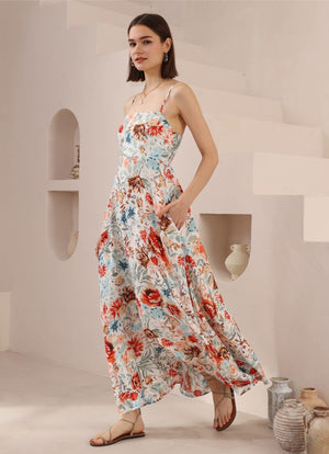 Iris Maxi Collette Maxi Dress with Square Neckline Pockets Spaghetti Strap - Blue Bloom - Style House Fashion Iris Maxi